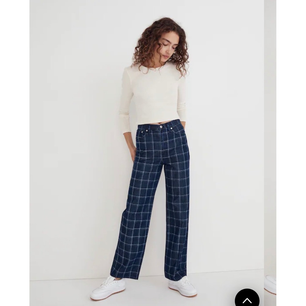 Madewell The Perfect Vintage Wide-Leg Jeans Indigo Windowpane Plaid Size 25